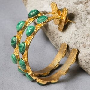 18k Gold Plated Massive Genuine Malachite Artisan Hoop Earrings